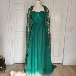 Emerald Green Tulle Ball Gown with Slit and Sparkle Shawl Corset Bodice Sz14/16